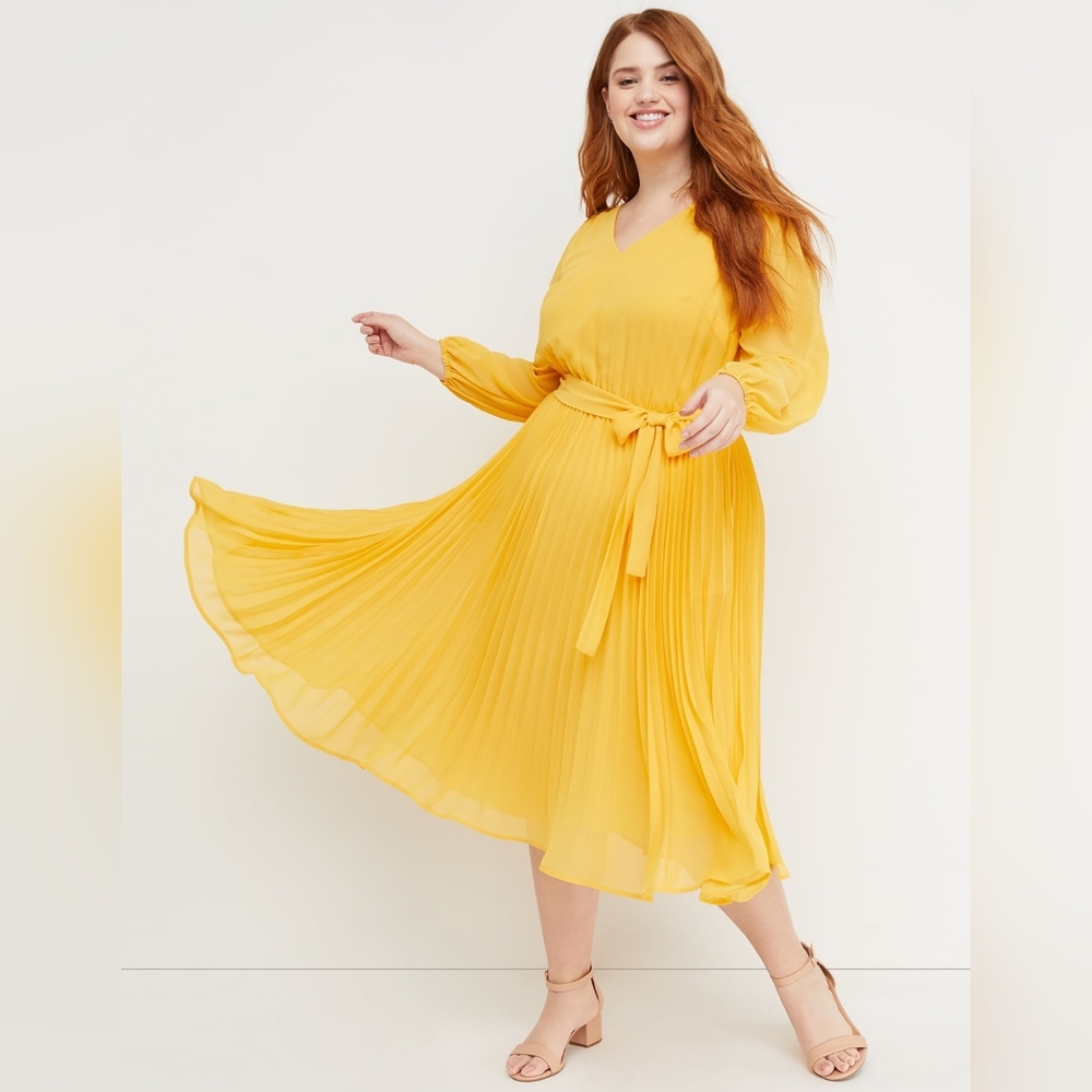 NWT Lane Bryant x Beauty Curve Long Sleeve Yellow Pleated Skirt Midi Dress 18